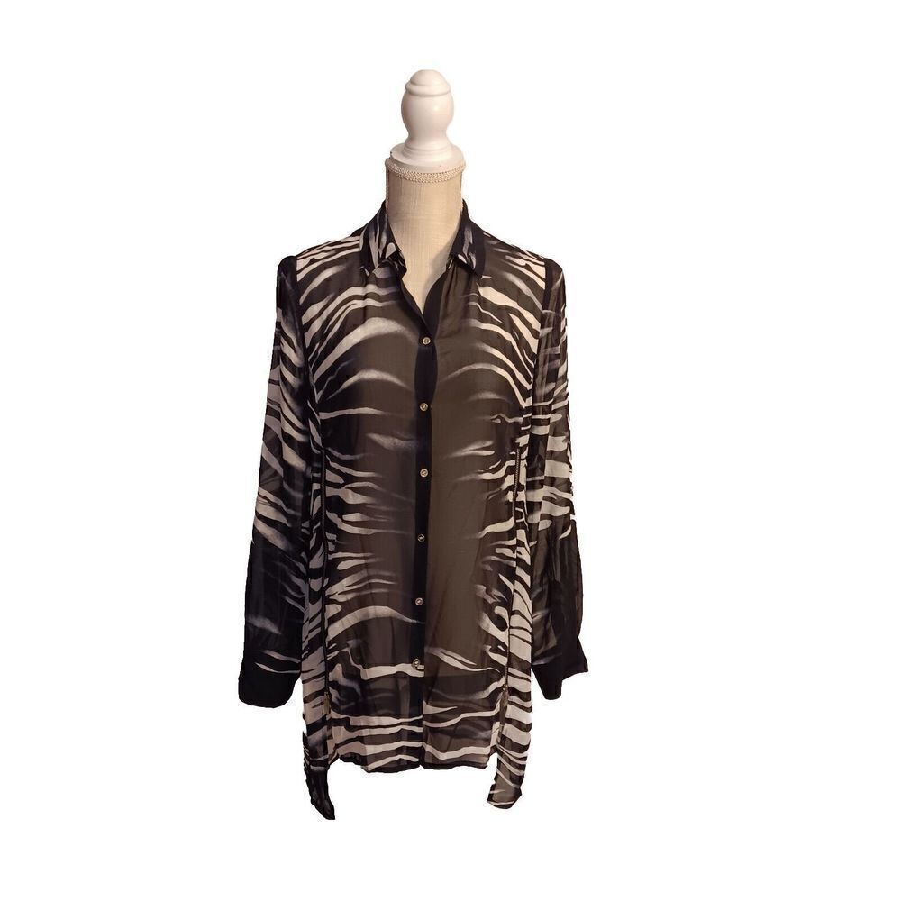 Chico's Black Label Size 0 Sm Navy/White Animal Print Sheer Top w/Zipper Detail